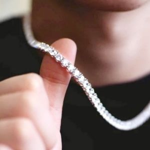 Iced Out Tennis Necklace Diamond CZ Chain Choker White Gold Silver.